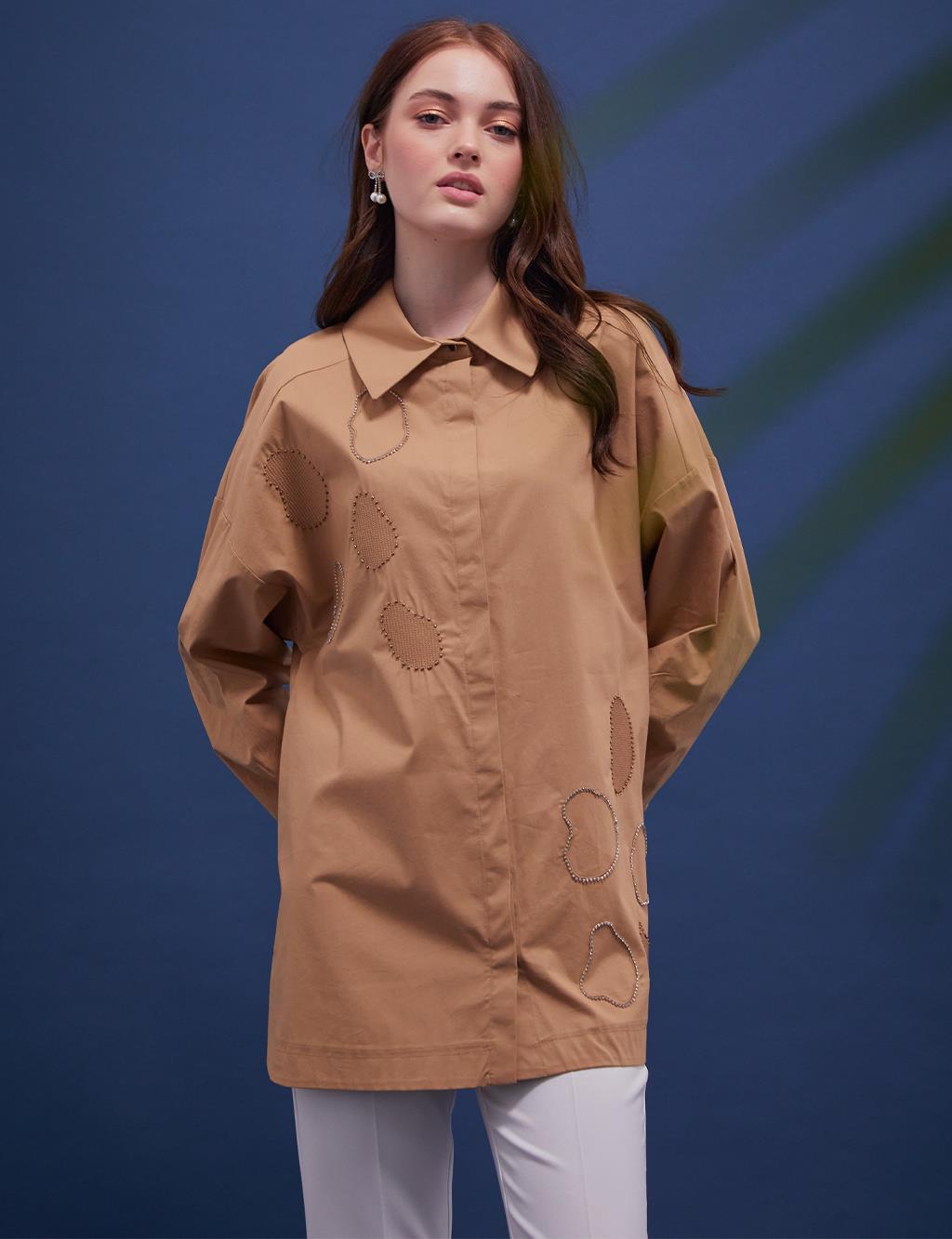 Hidden Placket Embroidered Tunic Beige