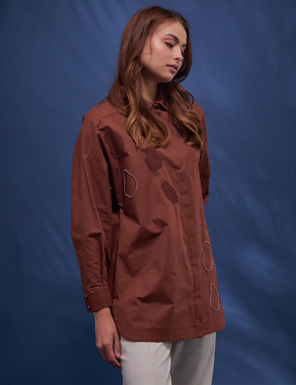 Hidden Placket Embroidered Tunic Brown