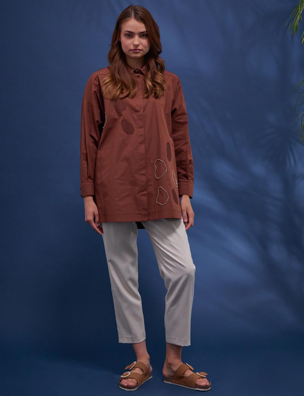 Hidden Placket Embroidered Tunic Brown