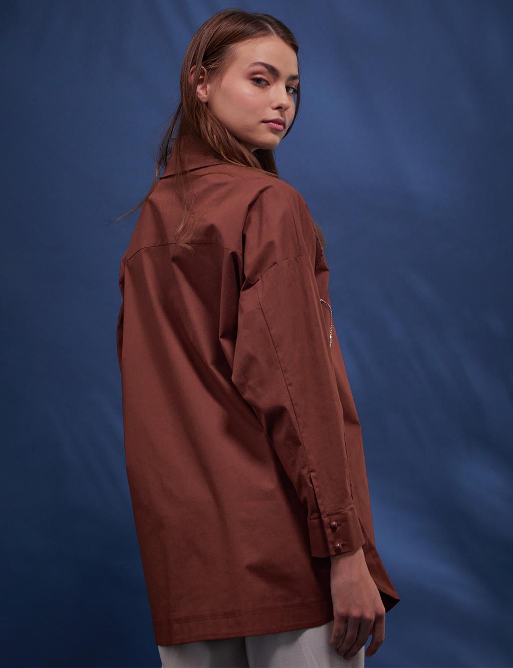 Hidden Placket Embroidered Tunic Brown