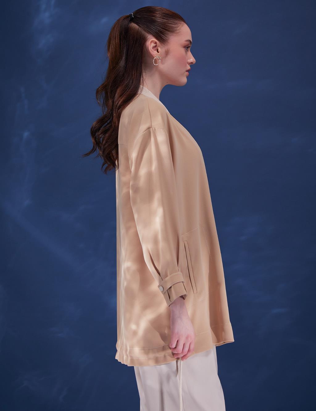 Zippered College Collar Jacket Beige