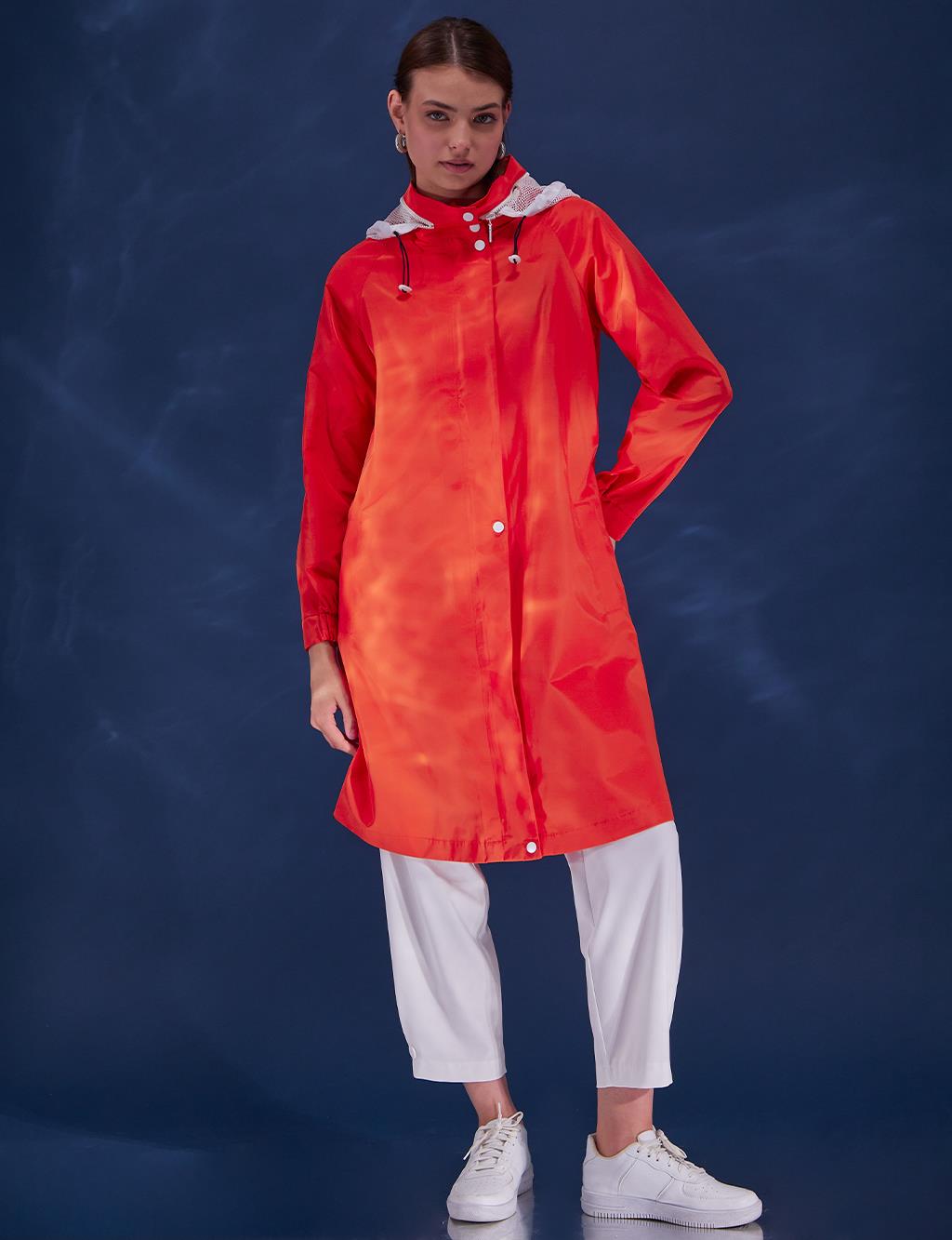 Snap Fastener Sports Trench Coat Coral