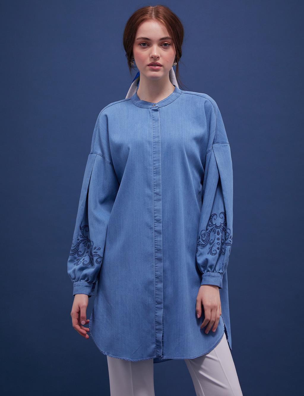 Embroidered Denim Tunic Blue