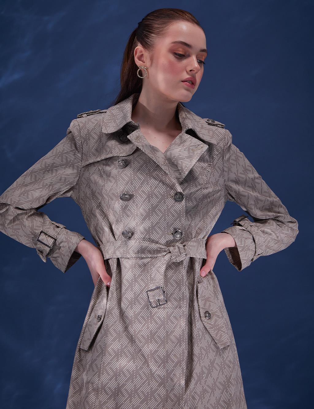 Monogram Pattern Double Breasted Trench Coat Cream