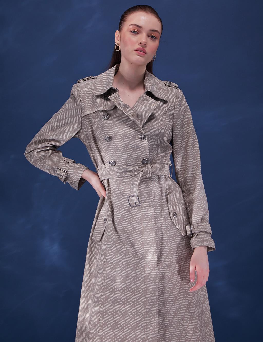 Monogram Pattern Double Breasted Trench Coat Cream