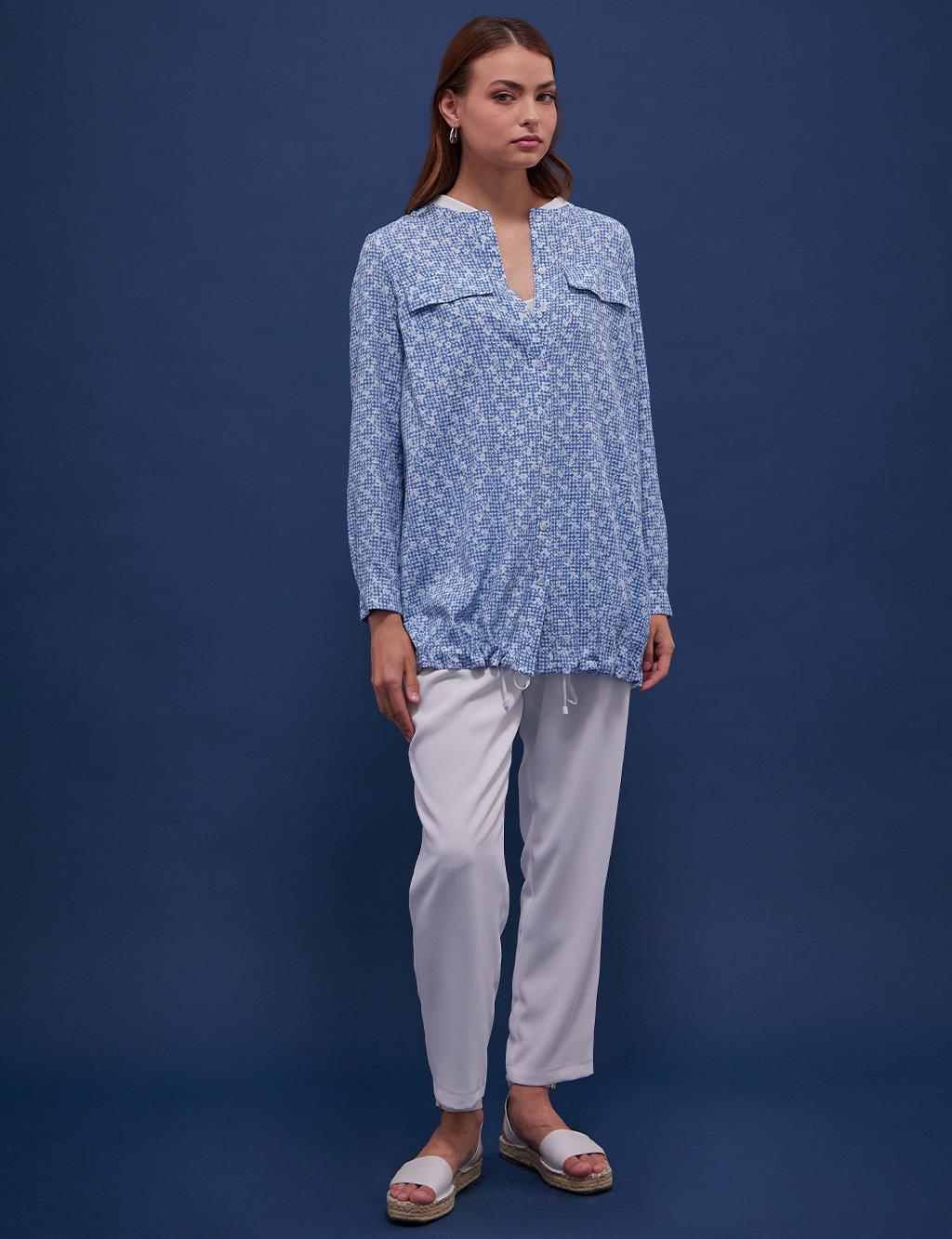 Floral Pattern Checkered Shirt Cobalt Blue