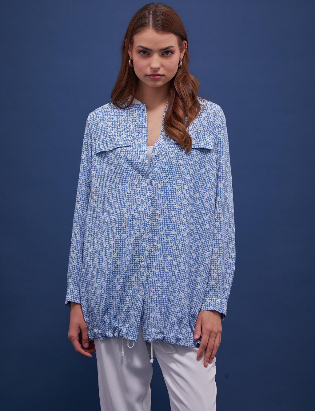 Floral Pattern Checkered Shirt Cobalt Blue