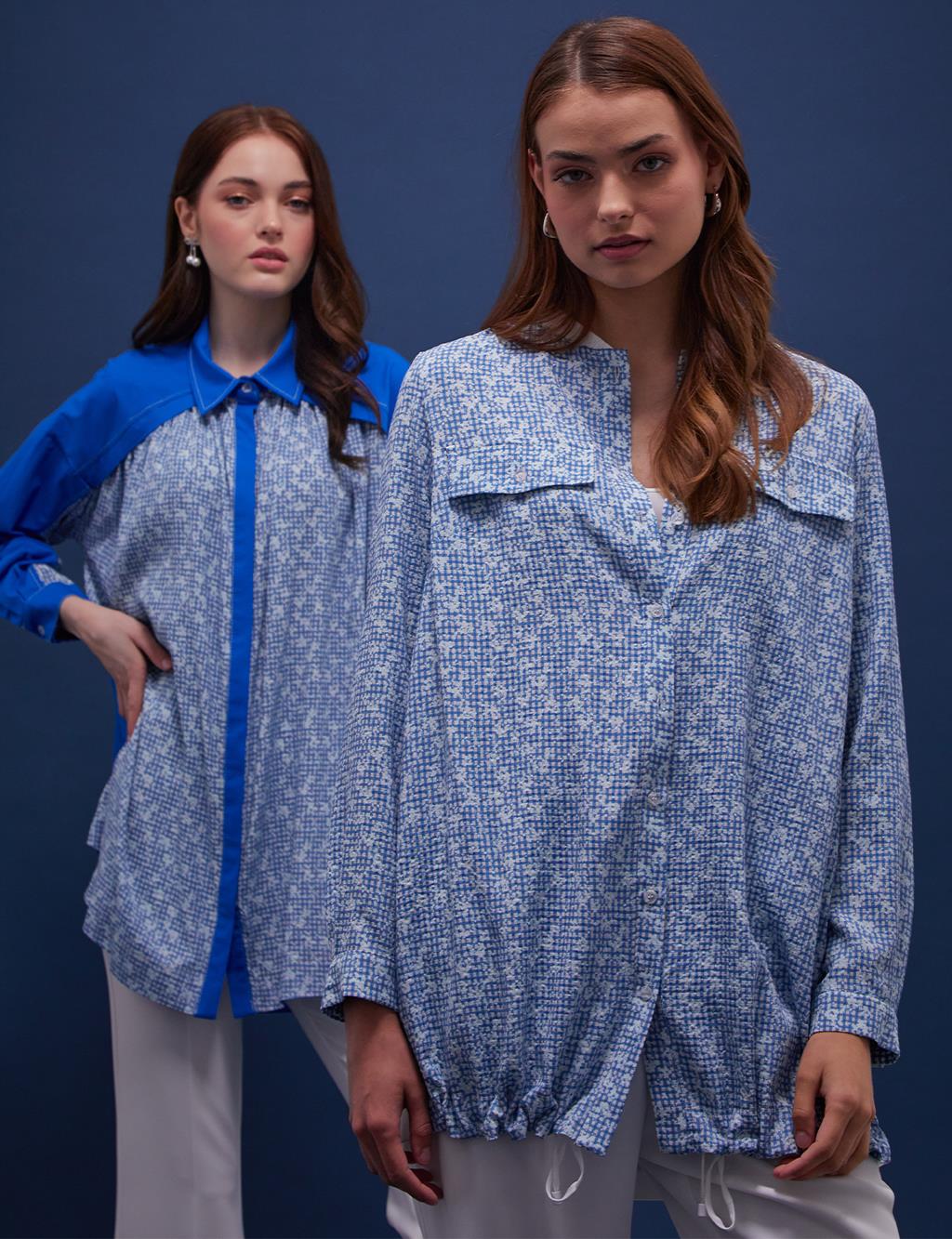 Floral Pattern Checkered Shirt Cobalt Blue