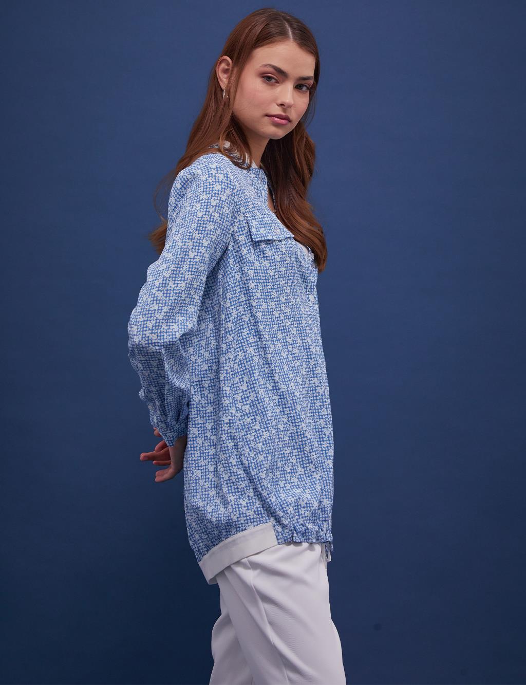 Floral Pattern Checkered Shirt Cobalt Blue