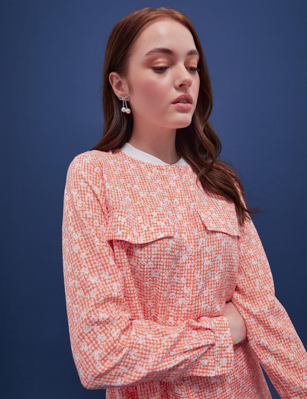 Floral Pattern Checkered Shirt Coral