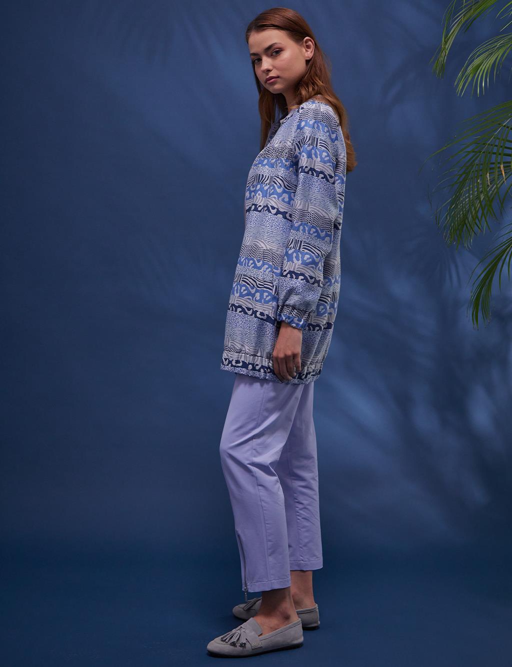 Animal Print Şeritli Bomber Ceket İndigo