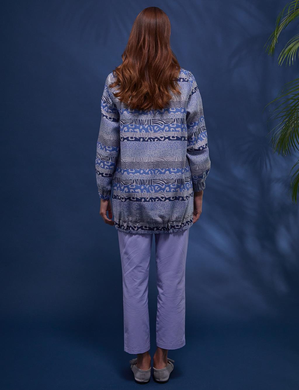 Animal Print Şeritli Bomber Ceket İndigo