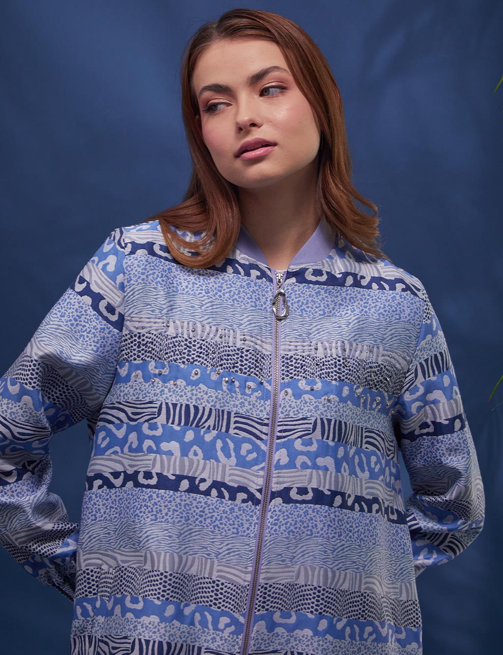 Animal Print Şeritli Bomber Ceket İndigo