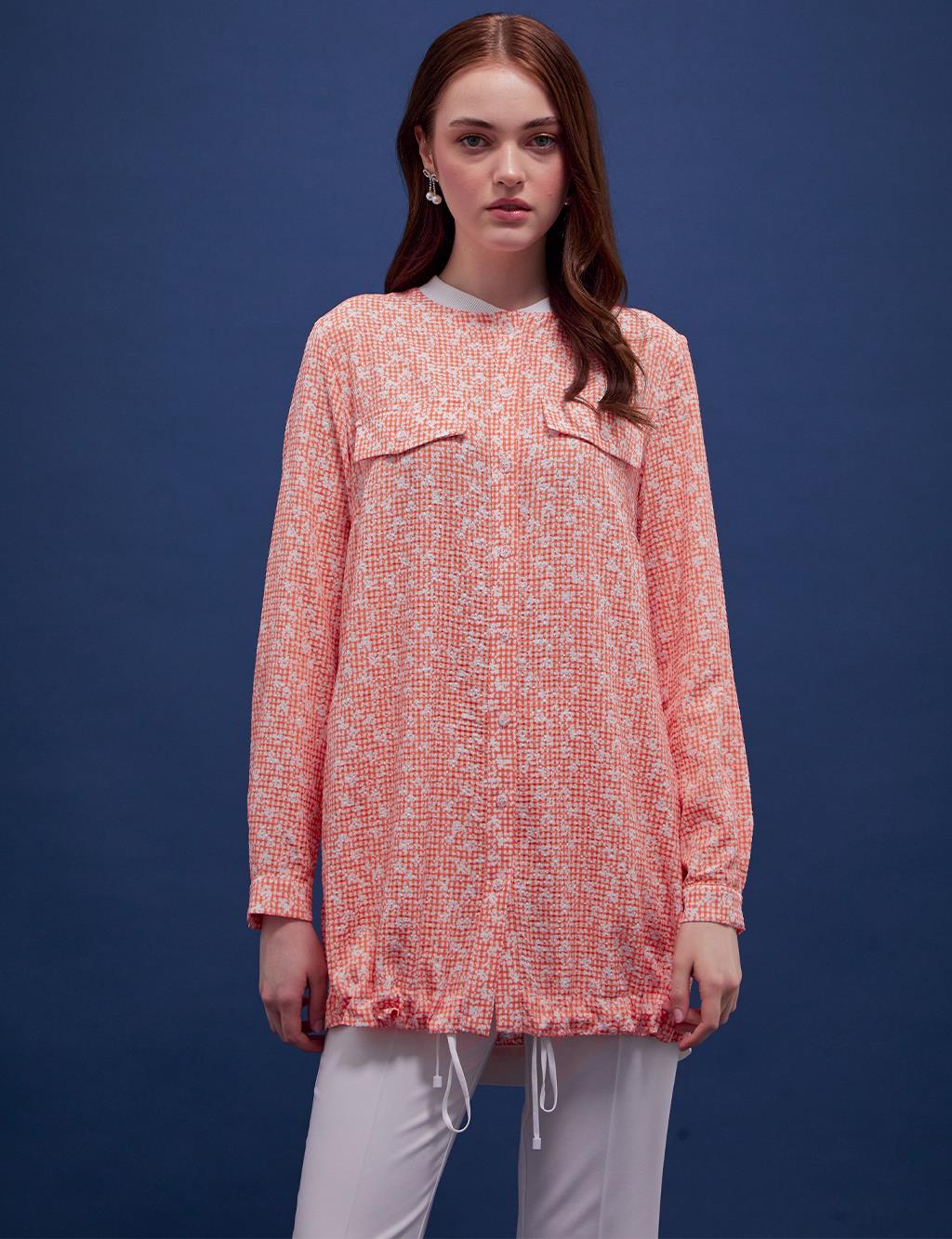 Floral Pattern Checkered Shirt Coral
