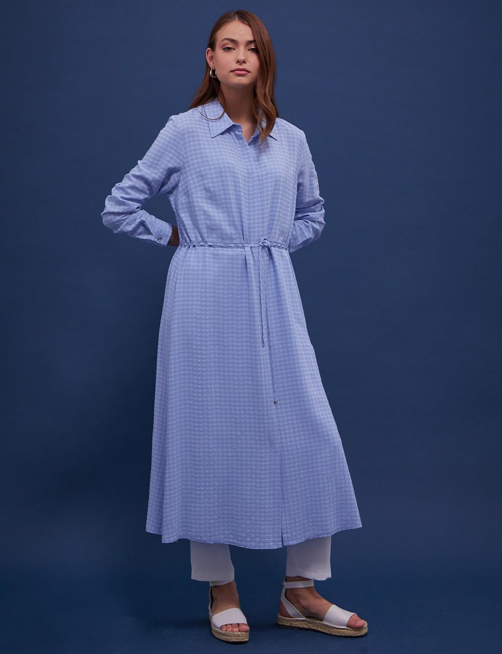 Bel Büzgülü Gofreli Tunik / Elbise Mavi