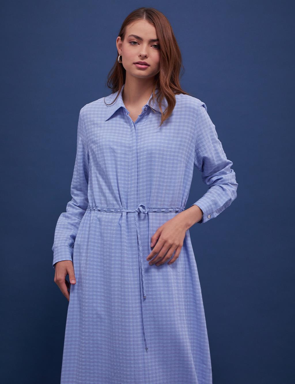 Bel Büzgülü Gofreli Tunik / Elbise Mavi