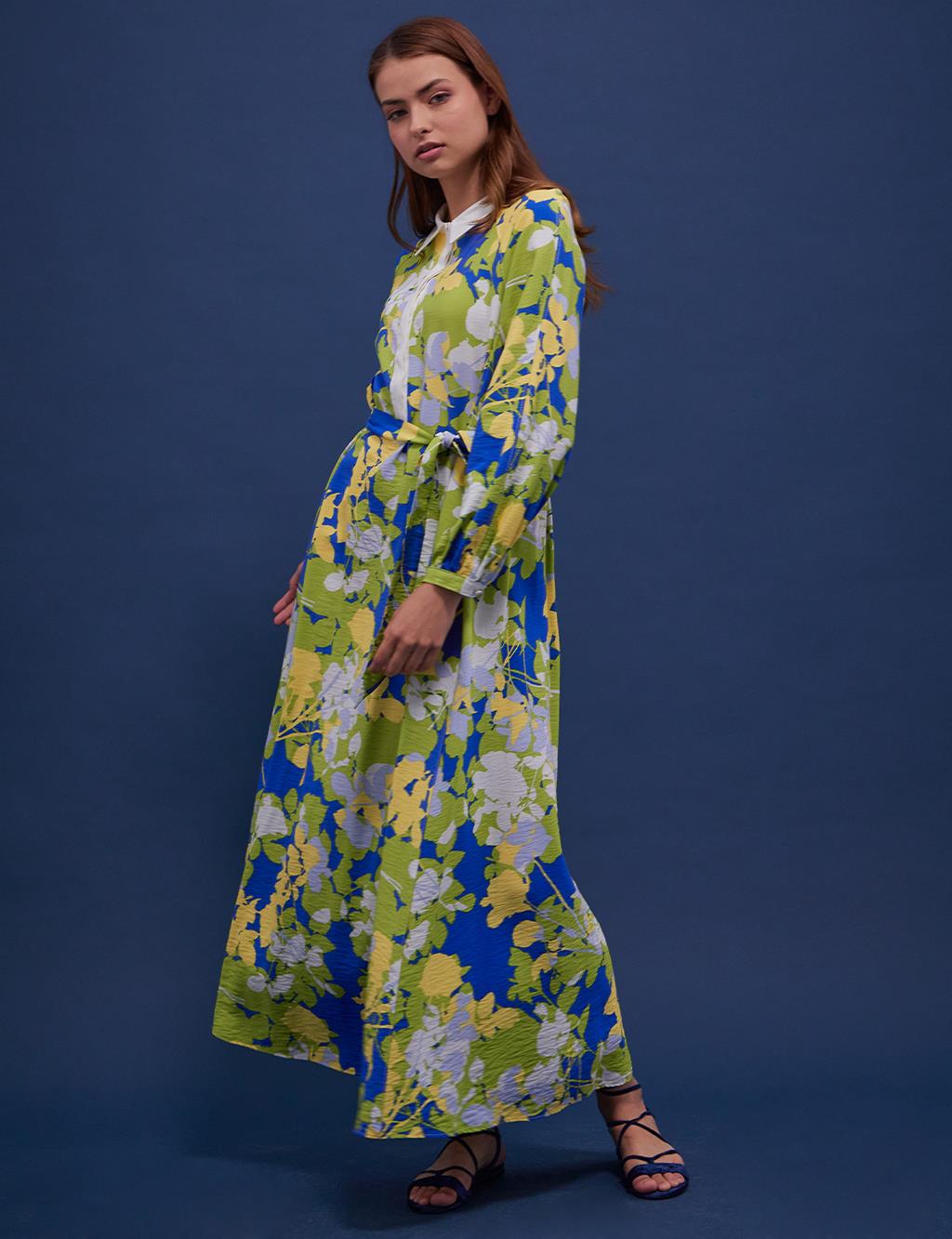 Belted Floral Pattern Dress Cobalt Blue