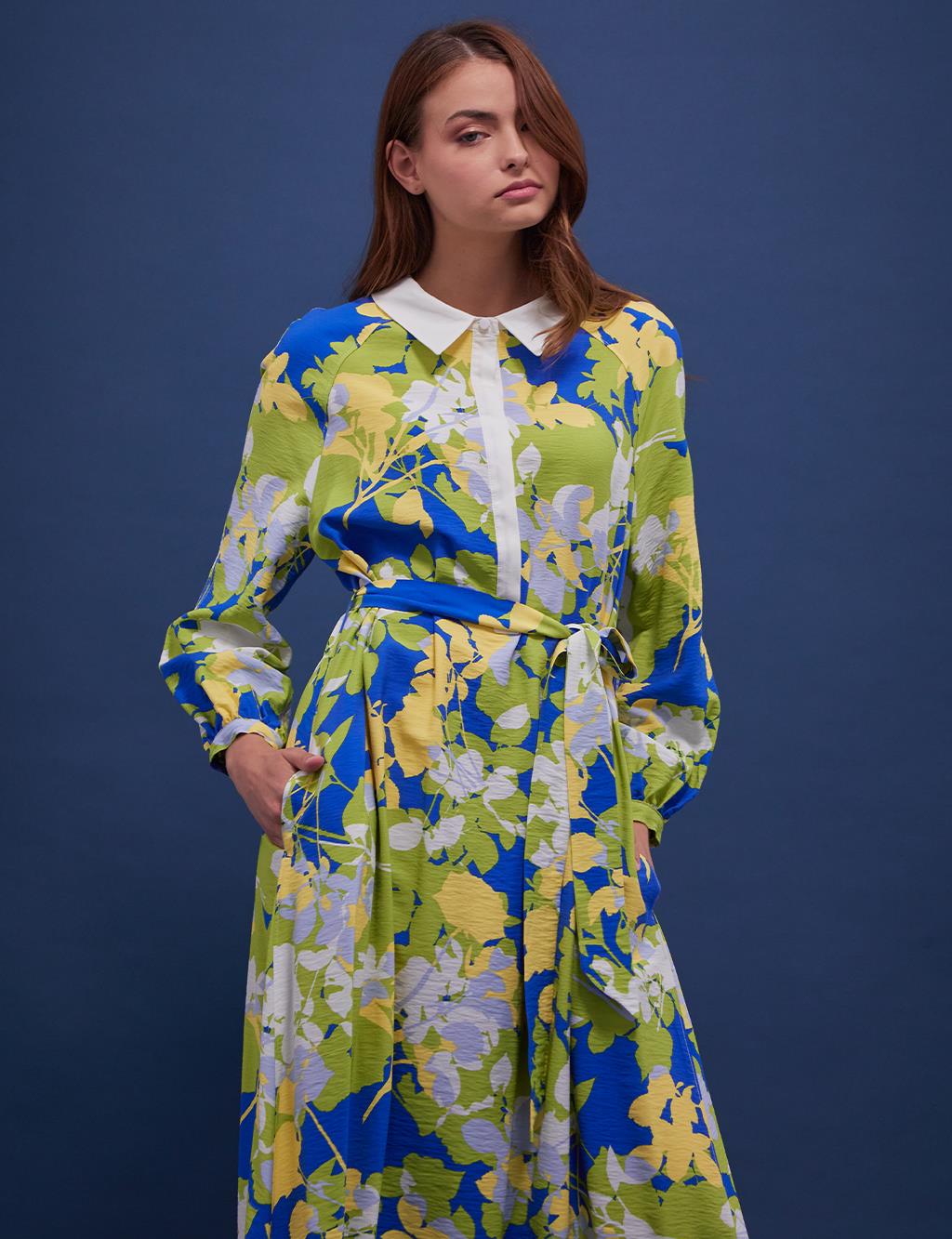 Belted Floral Pattern Dress Cobalt Blue