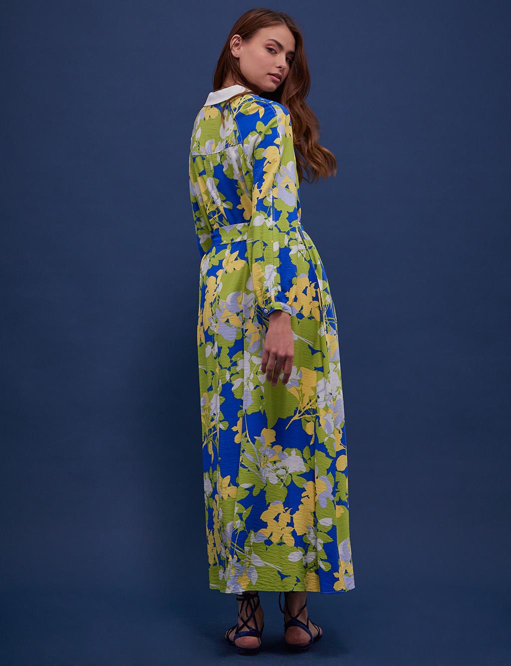 Belted Floral Pattern Dress Cobalt Blue