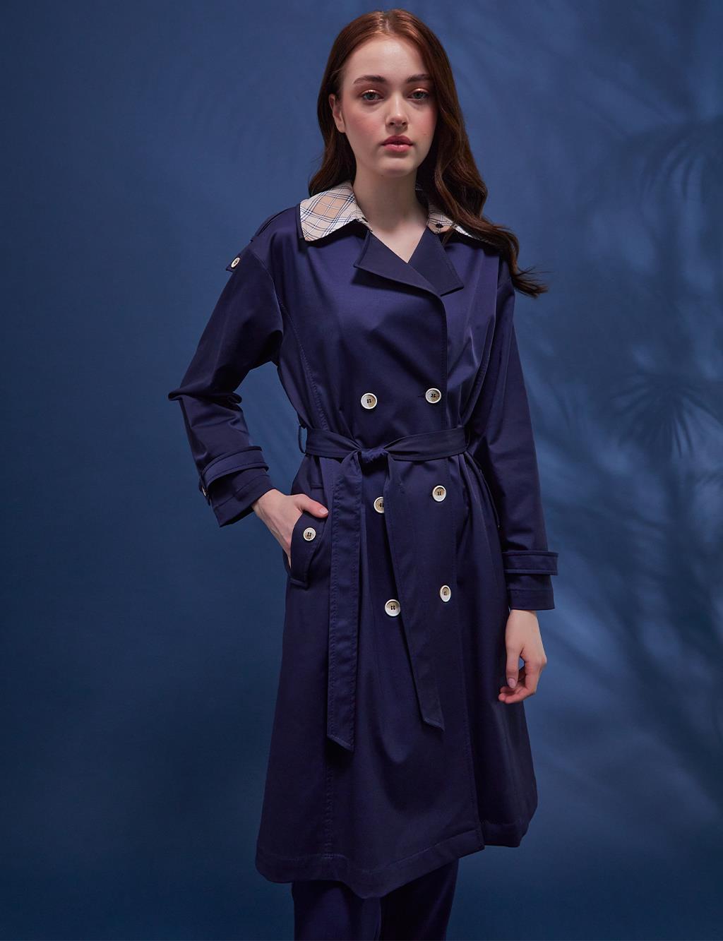 KYR Plaid Lined Double Breasted Trench Coat Navy