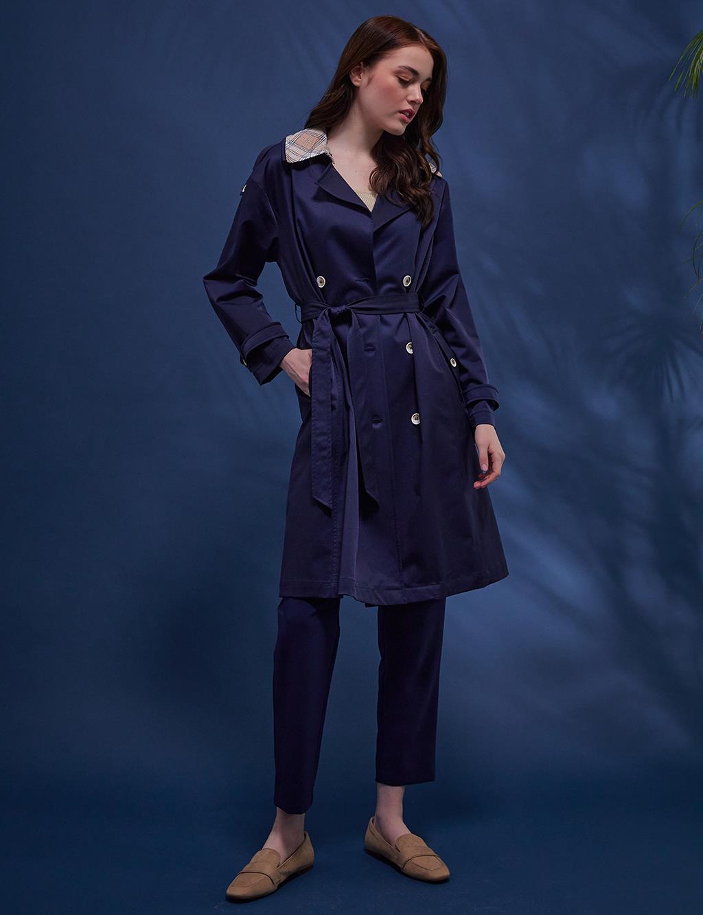 KYR Plaid Lined Double Breasted Trench Coat Navy