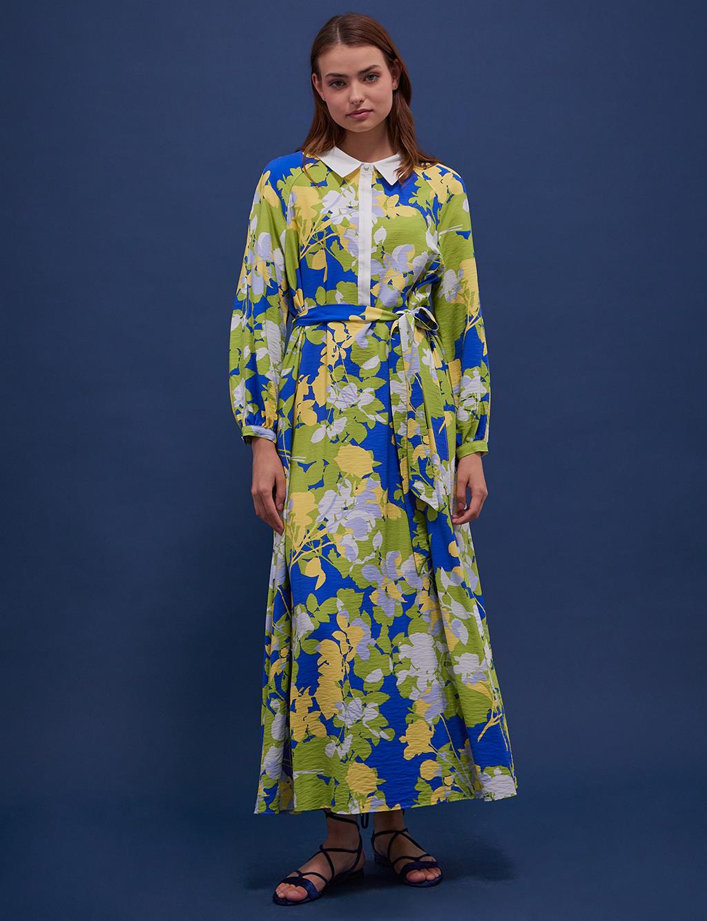 Belted Floral Pattern Dress Cobalt Blue