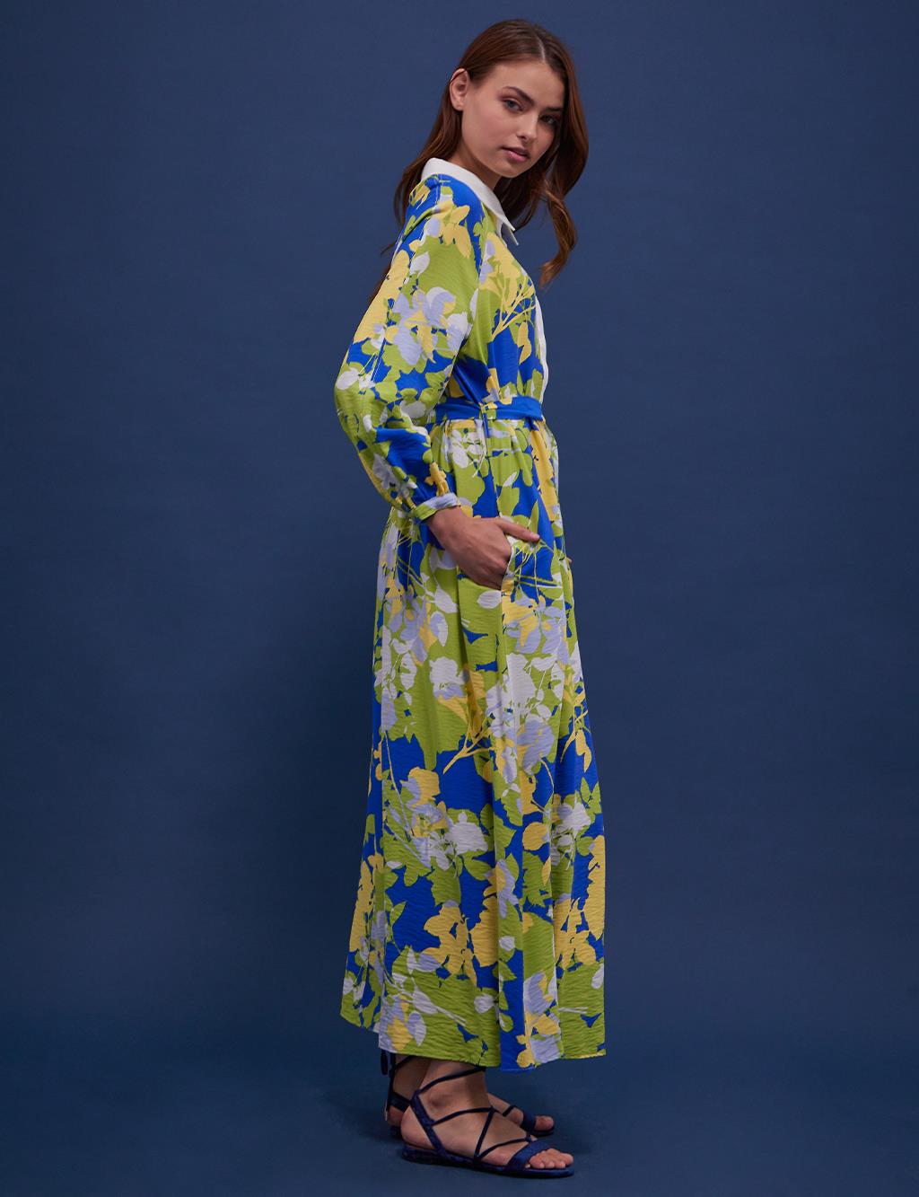 Belted Floral Pattern Dress Cobalt Blue