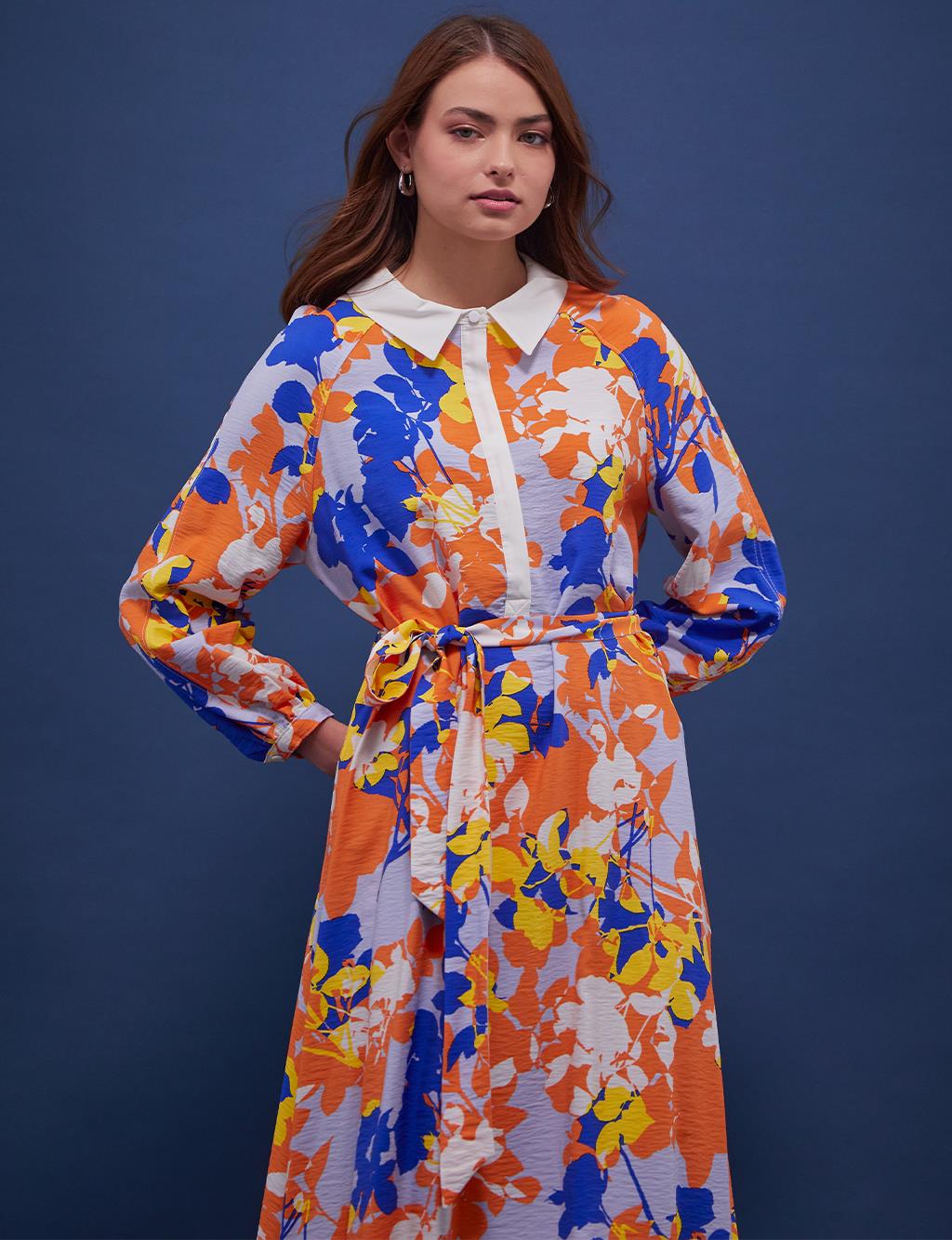 Belted Floral Pattern Dress Orange