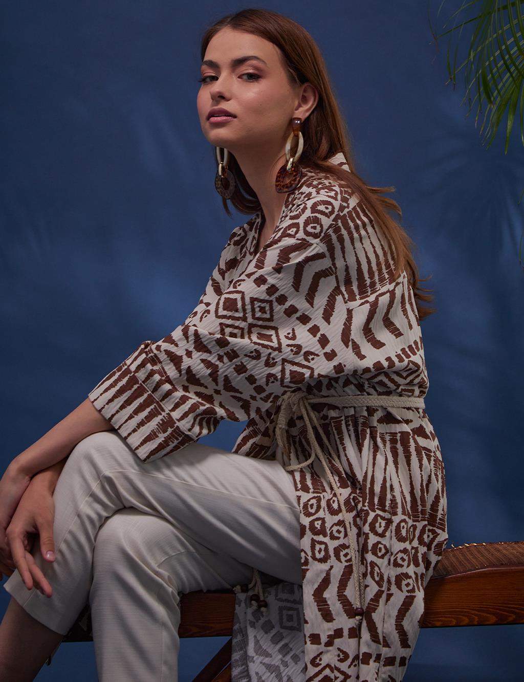 Ethnic Patterned Kimono Brown