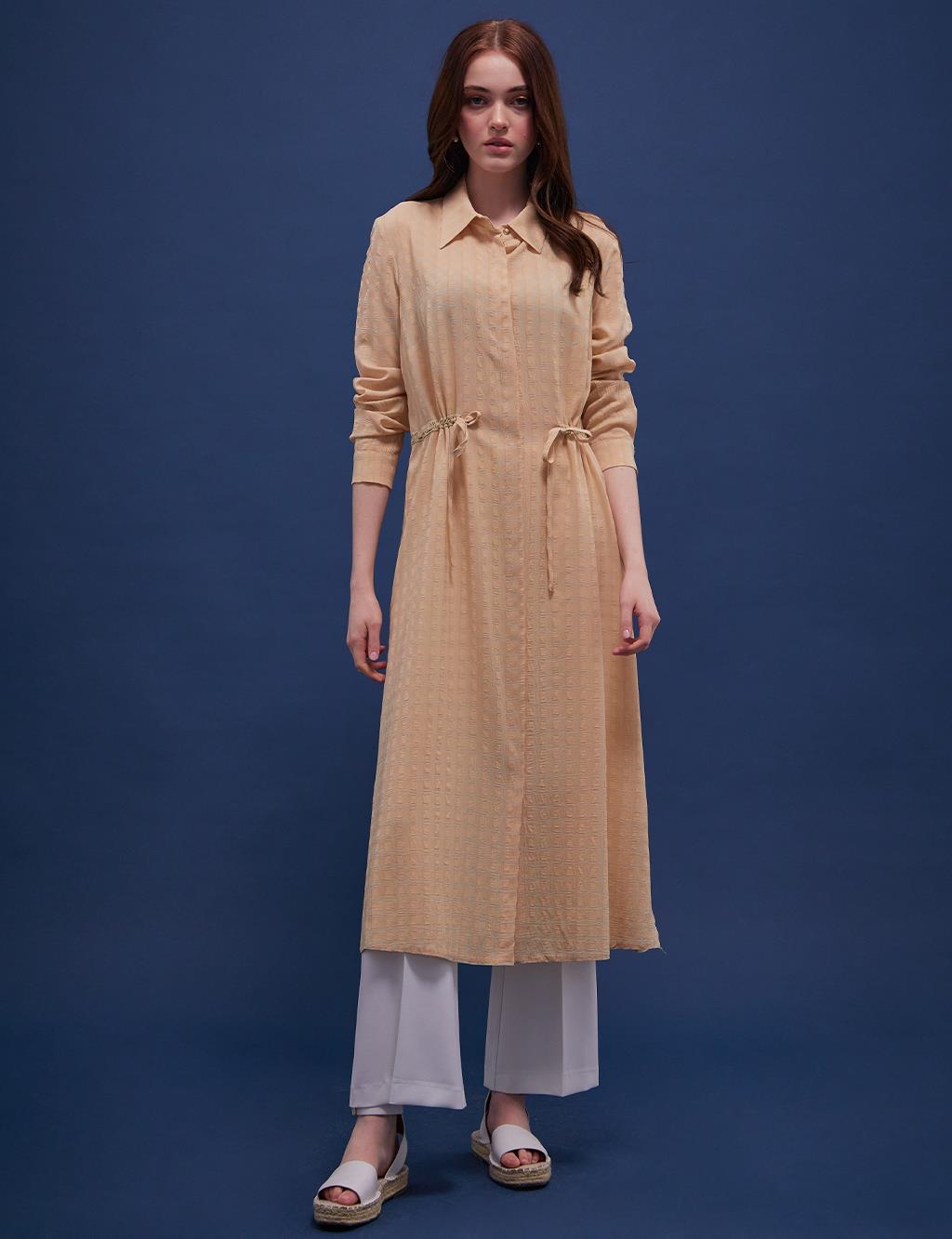 Waist Pleated Embossed Tunic / Dress Sand Beige