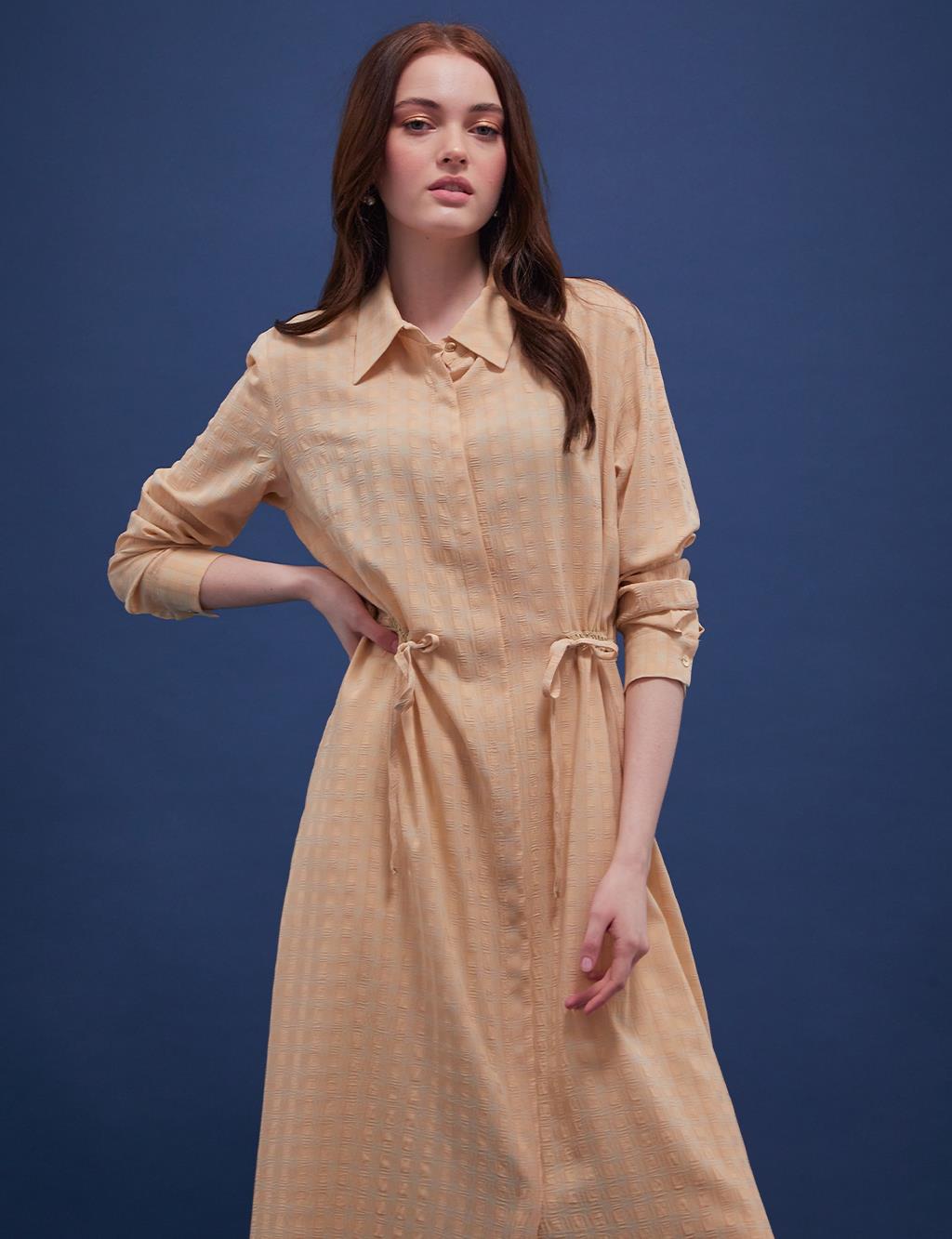 Waist Pleated Embossed Tunic / Dress Sand Beige