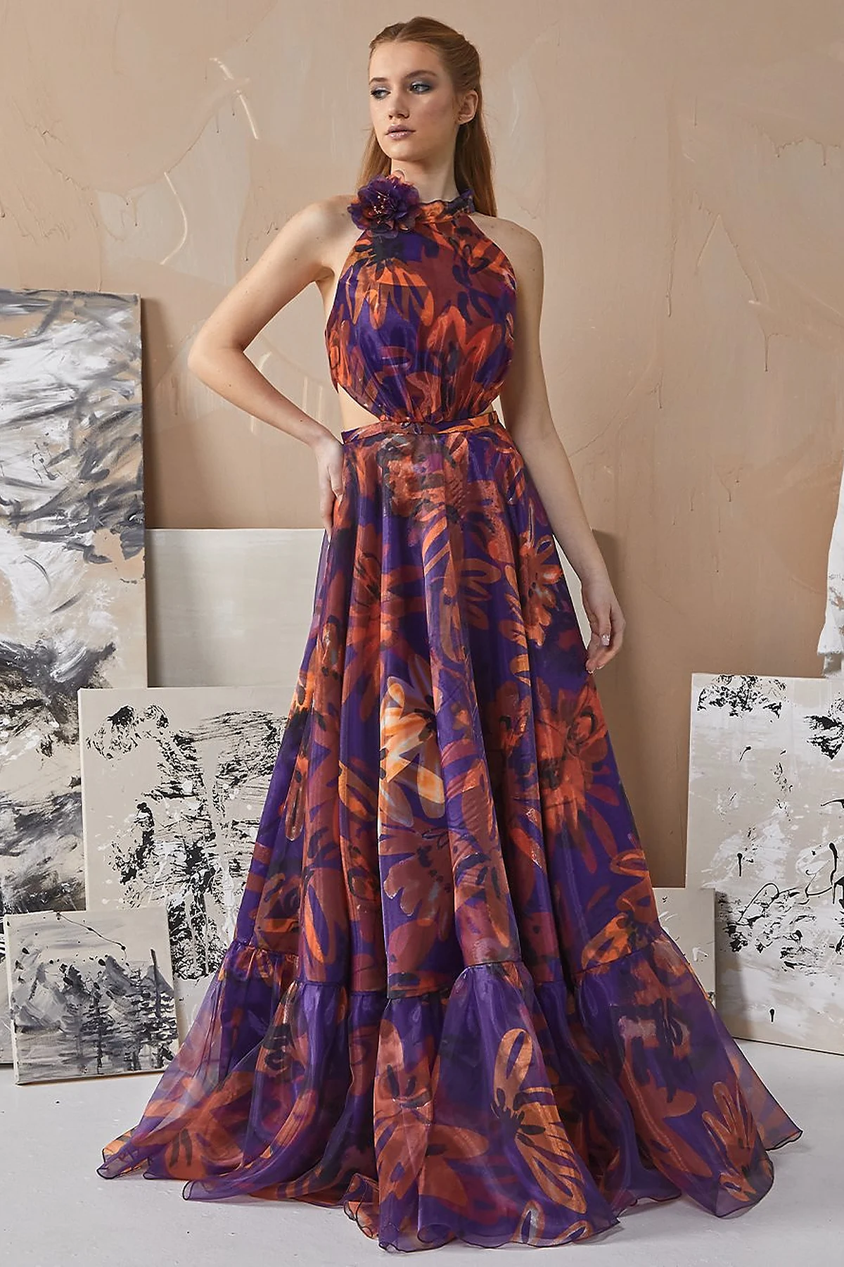 Floral Patterned Flowy Evening Dress Purple