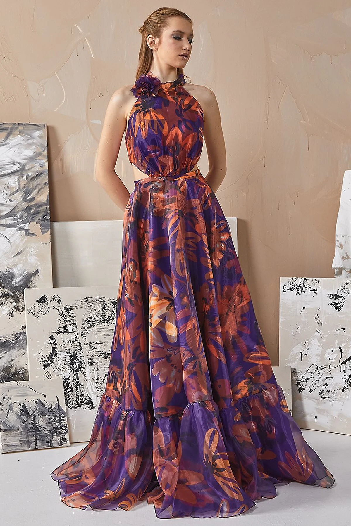 Floral Patterned Flowy Evening Dress Purple