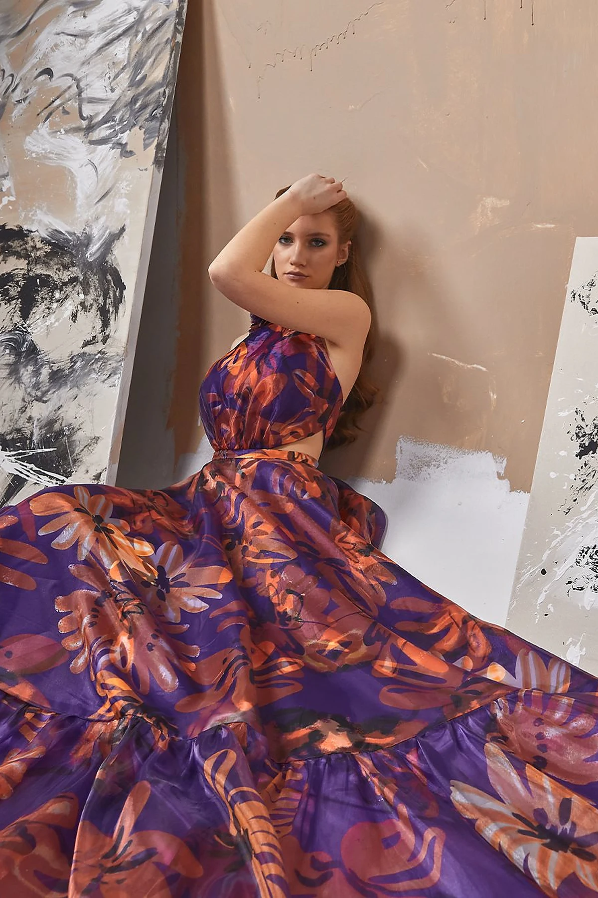 Floral Patterned Flowy Evening Dress Purple