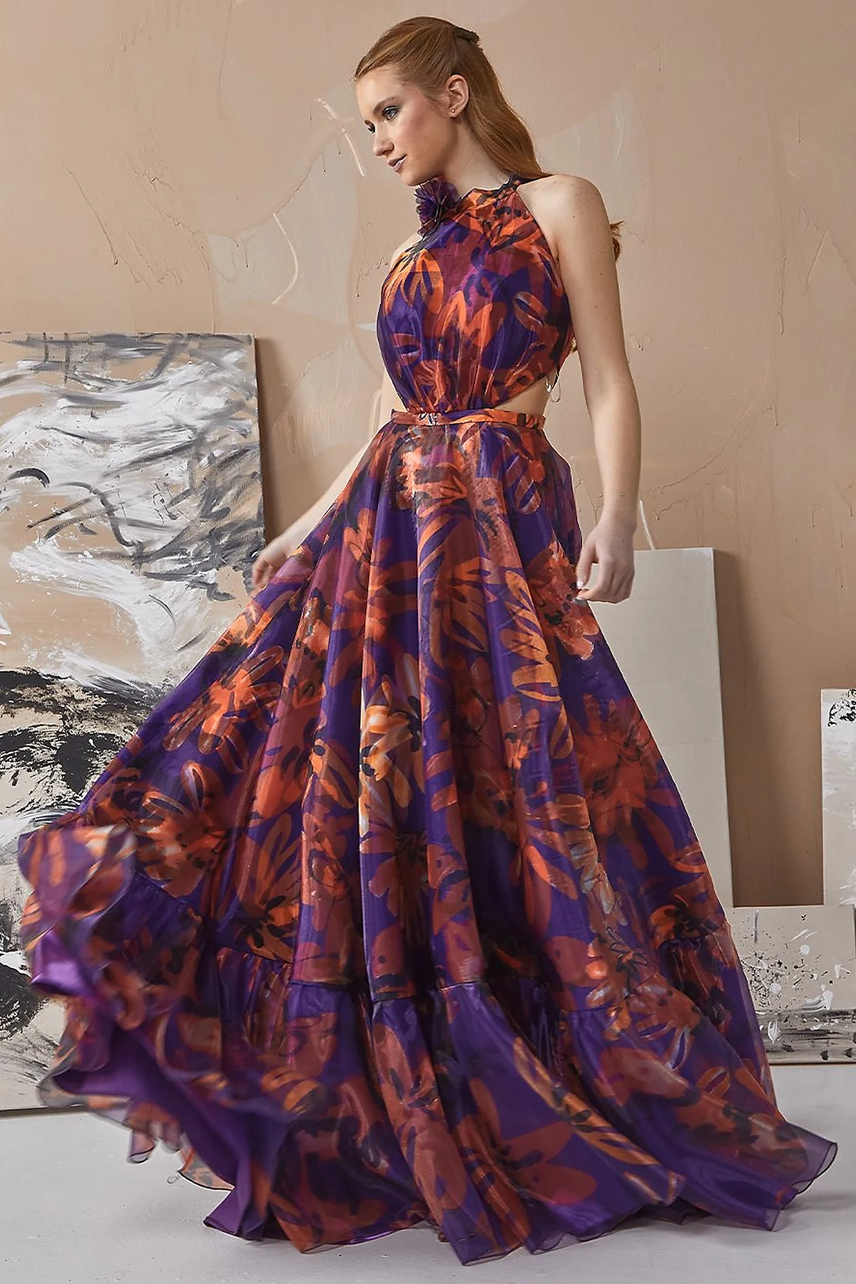 Floral Patterned Flowy Evening Dress Purple