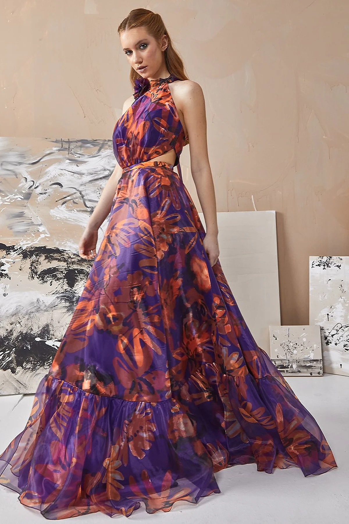 Floral Patterned Flowy Evening Dress Purple