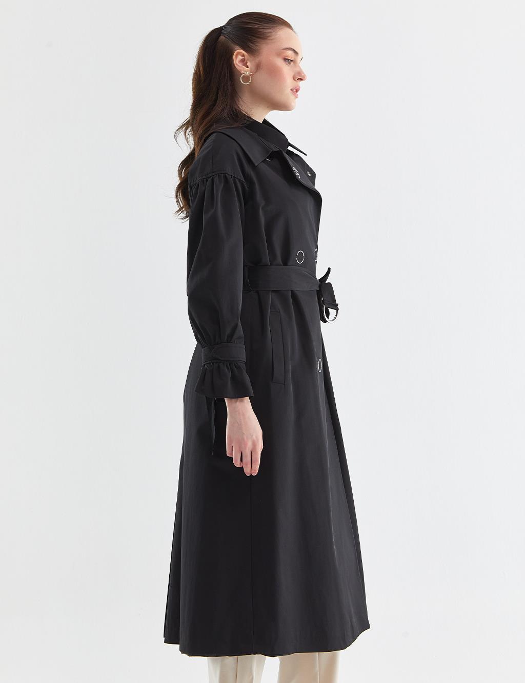 Snap Closure Pleated Trench Coat Black