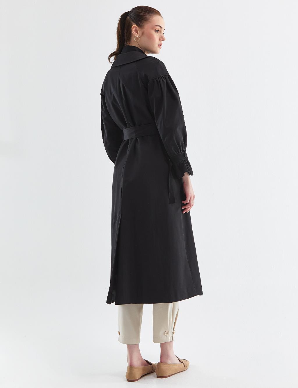 Snap Closure Pleated Trench Coat Black