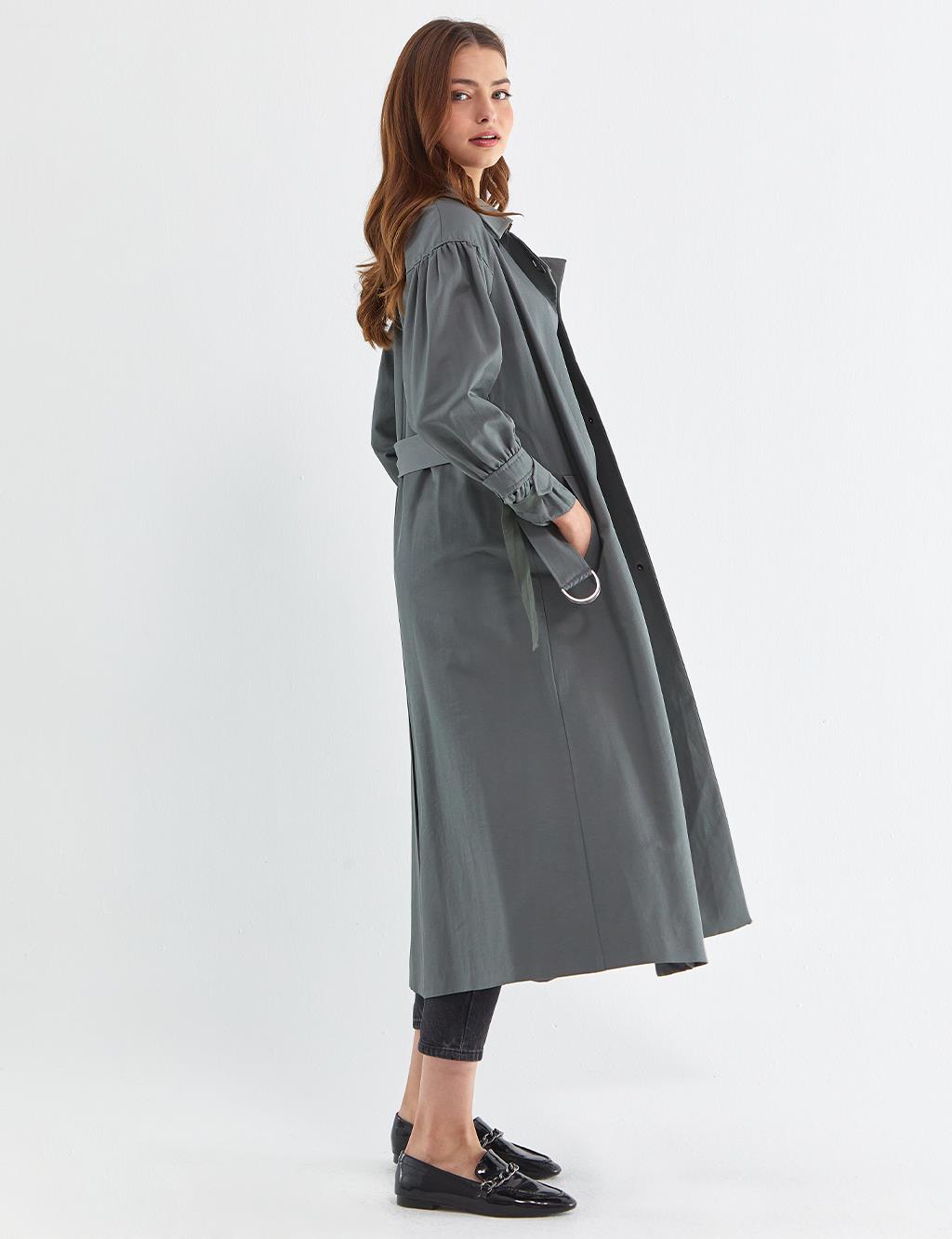 Snap Closure Pleated Trench Coat Smoked