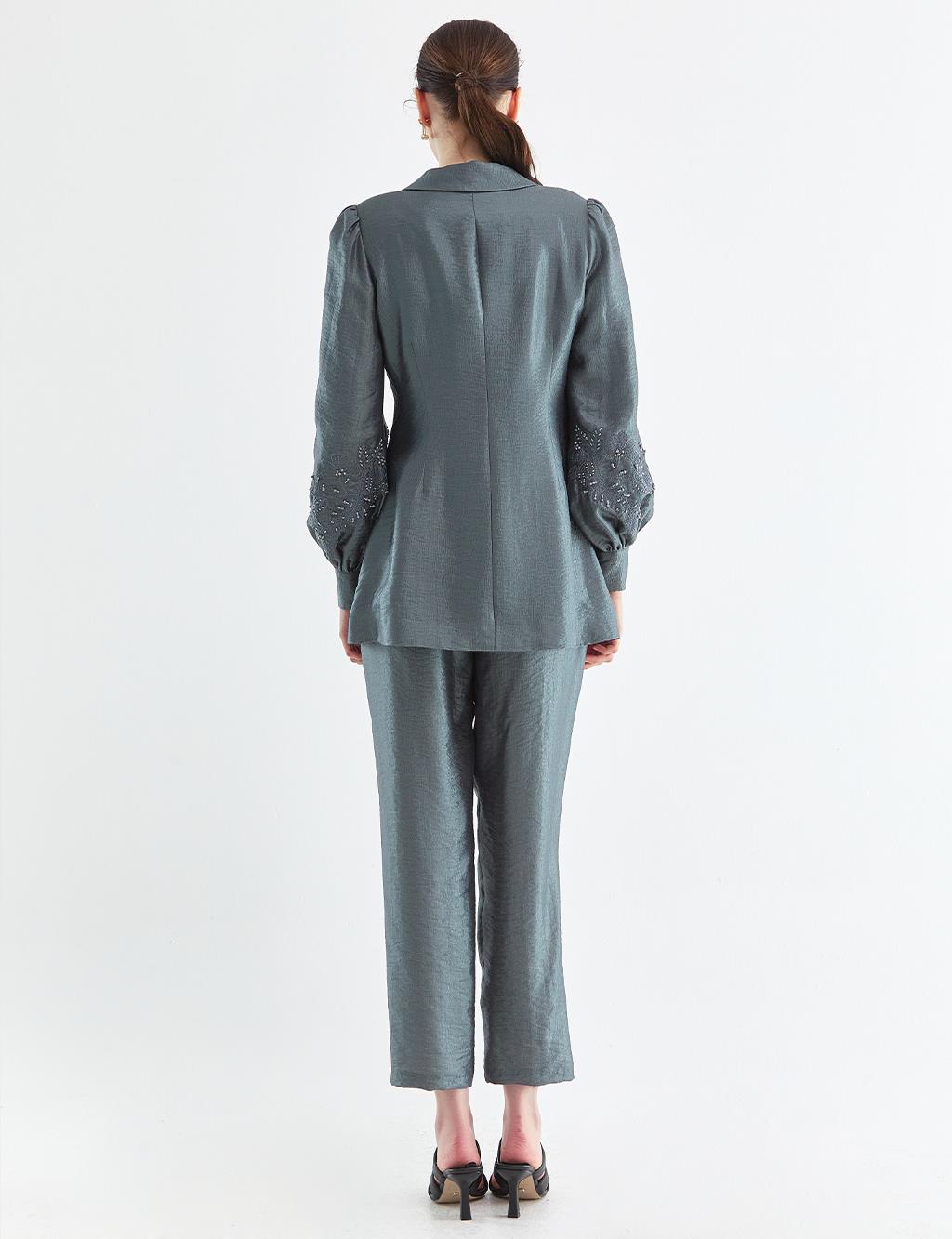 Embroidered Balloon Sleeve Jacket Pants Suit Teal