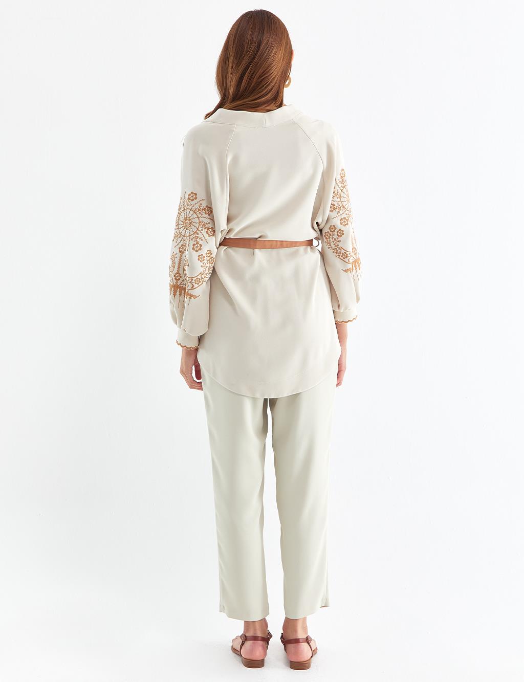 Kolları Nakışlı Kimono Krem