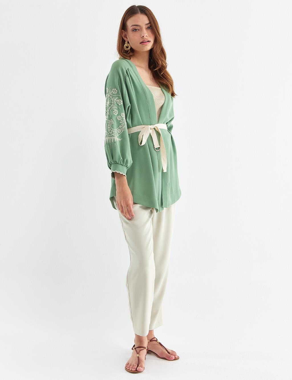 Kolları Nakışlı Kimono Çağla Yeşili
