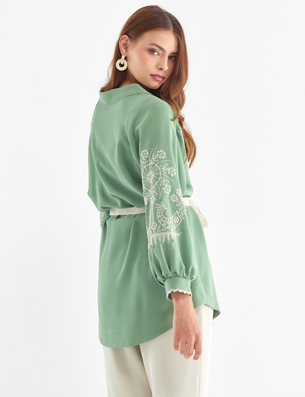 Kolları Nakışlı Kimono Çağla Yeşili