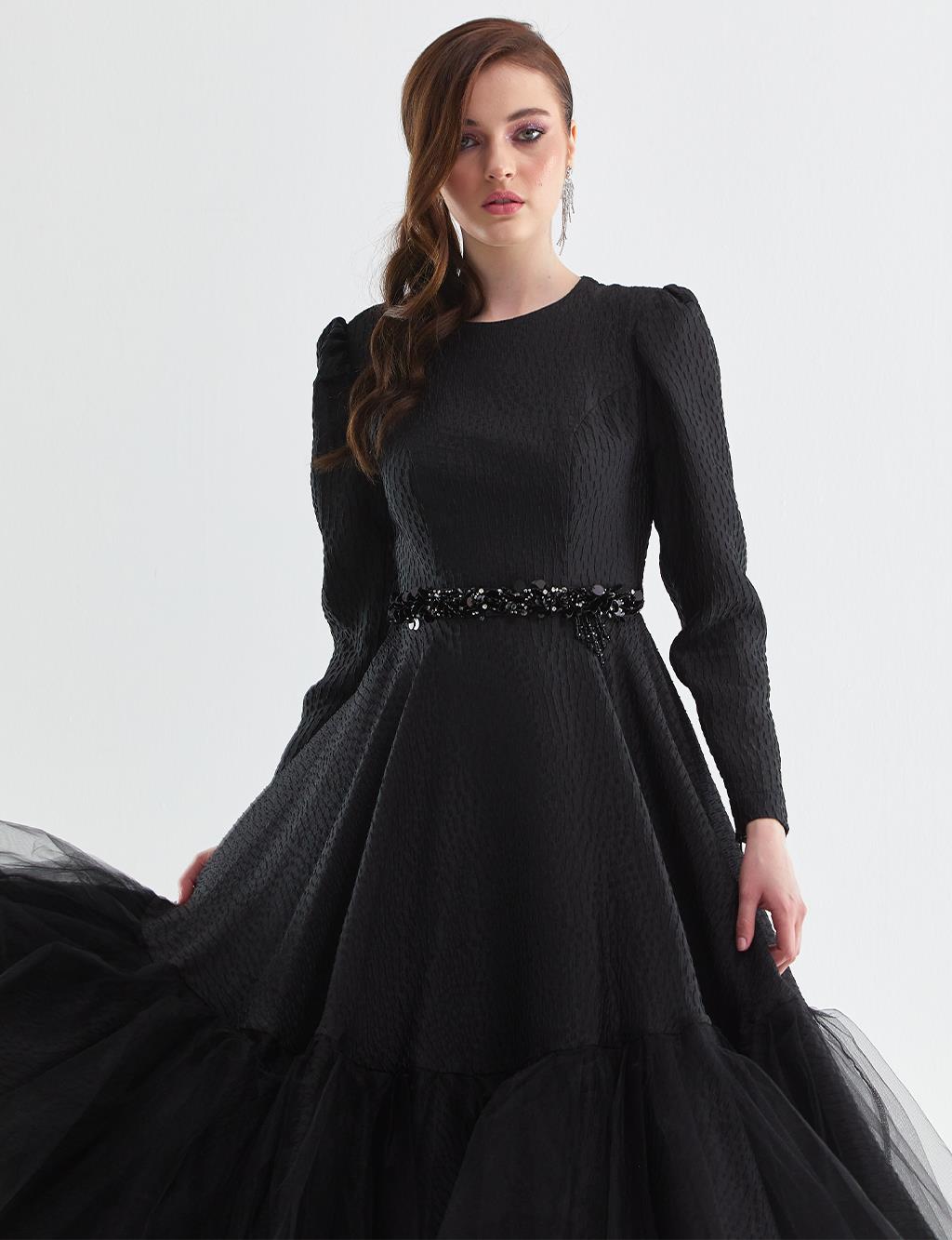 Embossed Tulle Detailed Dress Black