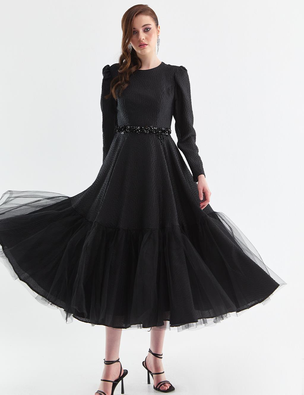 Embossed Tulle Detailed Dress Black