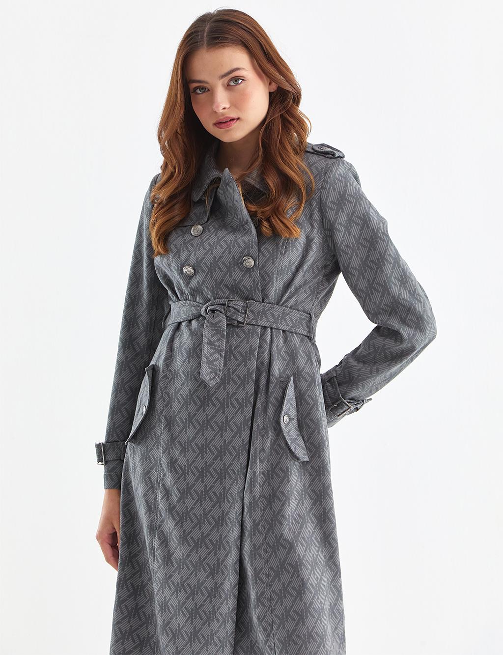 Monogram Pattern Double Breasted Trench Coat Grey