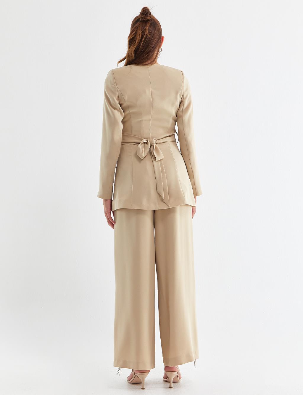 Fringed Double Breasted Suit Sand Beige