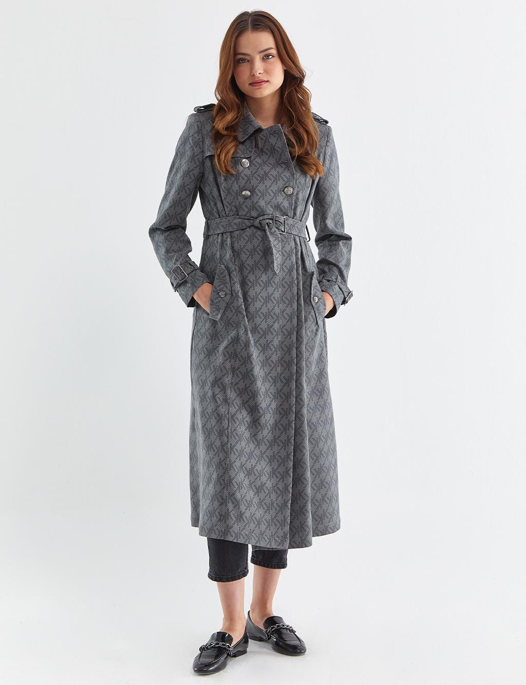 Monogram Pattern Double Breasted Trench Coat Grey