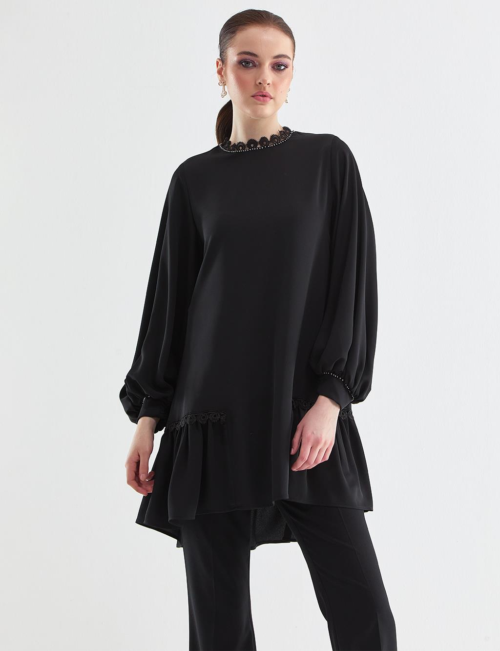 Stripe Lace Flowy Tunic Black