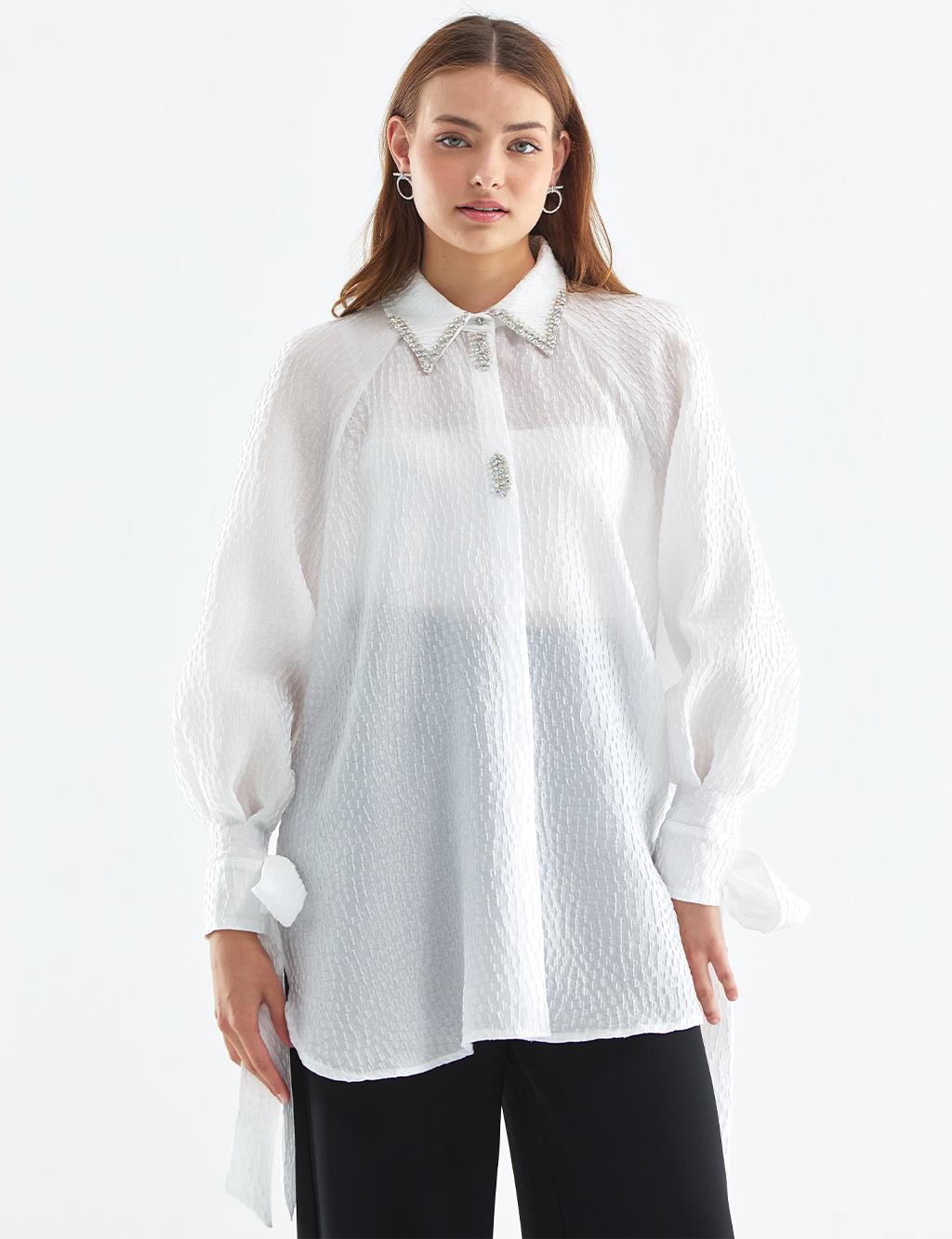 Embossed Balloon Sleeve Blouse White